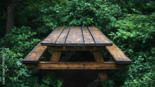 Wooden picnic table surrounded by lush greenery in a tranquil park setting