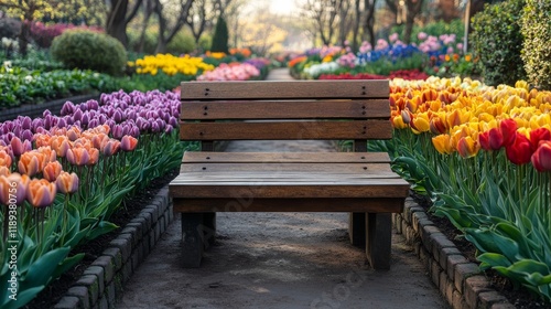 Peaceful wooden bench surrounded by colorful tulips in a vibrant spring garde...