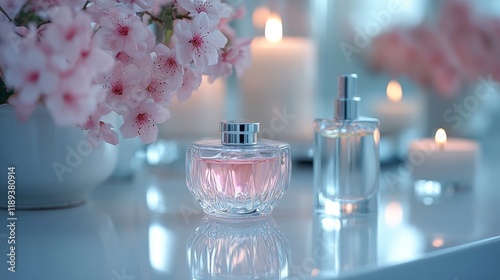 Elegant floral display with perfume bottles and candles during sunset