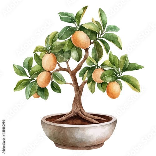 A watercolor vector painting of a Sapodilla bonsai, isolated on a white background. Sapodilla bonsai vector.

