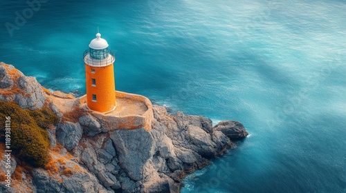 Vibrant orange lighthouse stands tall on rocky coast overlooking calm blue wa...
