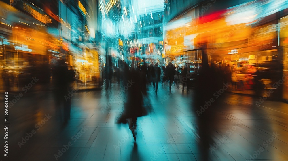 custom made wallpaper toronto digitalUrban Pulse: A blurred silhouette of a lone figure navigates through a bustling city street, illuminated by a kaleidoscope of neon signs and streetlights.