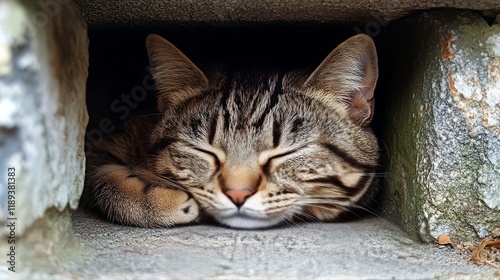 Cozy tabby cat peacefully sleeping in a soft bed at home