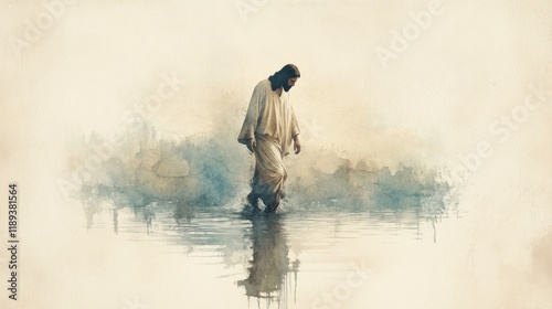 Spiritual artwork of Jesus walking on water in soft hues.
