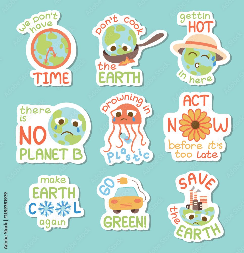 Fototapeta premium EEco-friendly sticker pack. Protecting and saving planet concept set. Green sustainable environment, ecology, nature, ecosystem. Zero-waste lifestyle, green energy, save planet Earth