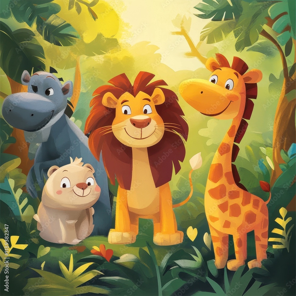 Naklejka premium Happy Jungle Animals Together In Lush Foliage