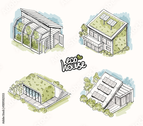 Eco house concept set. Green sustainable environment, ecology, nature, ecosystem. Ecological green architecture. Zero-waste, lifestyle, sustainability, protecting planet. Graphic vector illustration