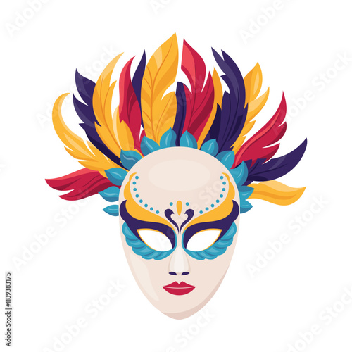 Authentic handmade venetian painted carnival face mask Mardi gras holiday feather masque Masquerade party face disguise accessory capturing spirit of celebration and intrigue at masquerade ball Vector