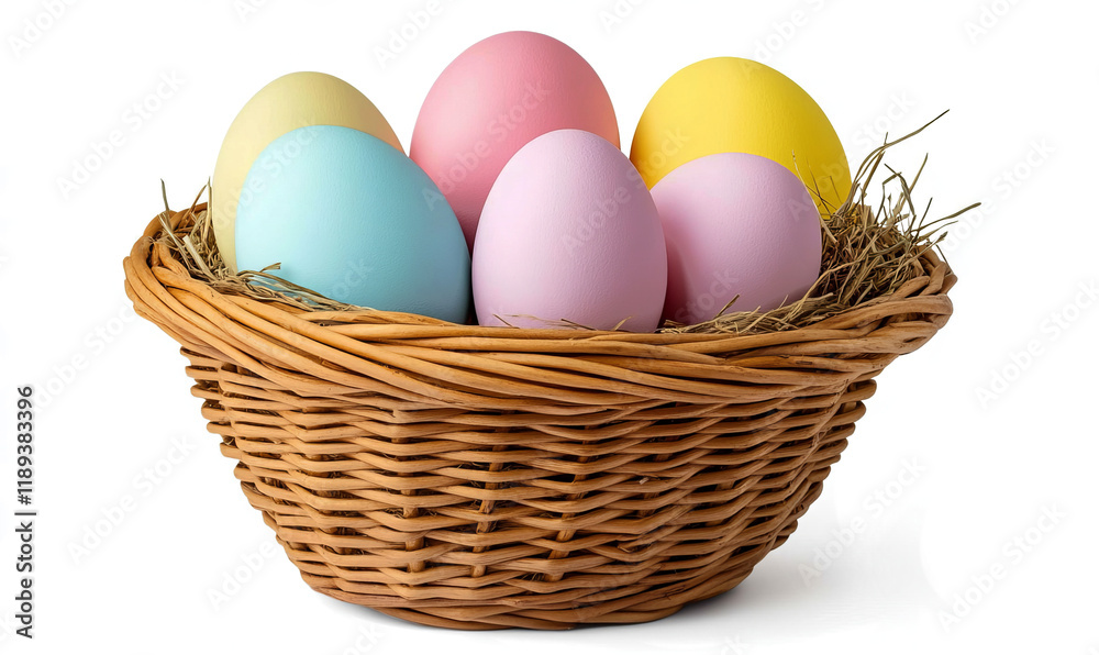 Easter eggs in a basket, isolated on a transparent background with a clipping path, Easter eggs in a basket, isolated on a transparent background with a clipping path,