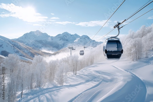 Mountain gondola ride, snowy peaks, winter wonderland, travel