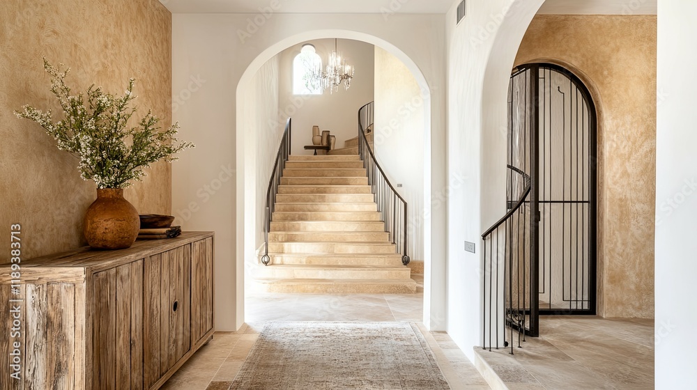 Elegant Entryway: Rustic Wood, Stone Staircase, and Calm Hues Elegant Entryway: Rustic Wood, Stone Staircase, and Calm Hues