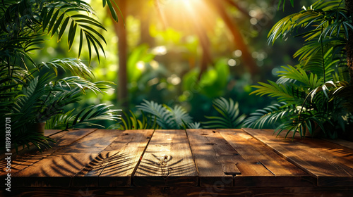 Fototapeta Naklejka Na Ścianę i Meble -  A wooden table in the middle of a lush green forest
