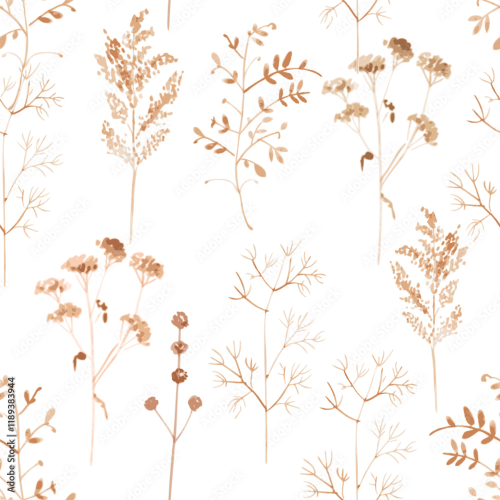 watercolor seamless texture with dry brown grass, autumn wild herbs