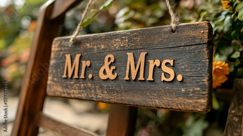 Mr and Mrs wooden sign hanging in a floral garden setting during daylight hours
