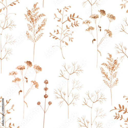 watercolor seamless texture with dry brown grass, autumn wild herbs