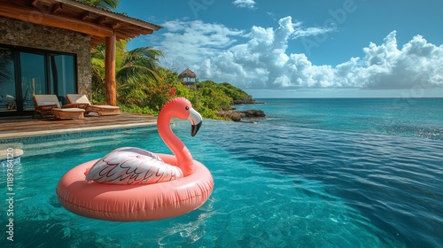 Relaxing tropical getaway with floating flamingo in a serene pool