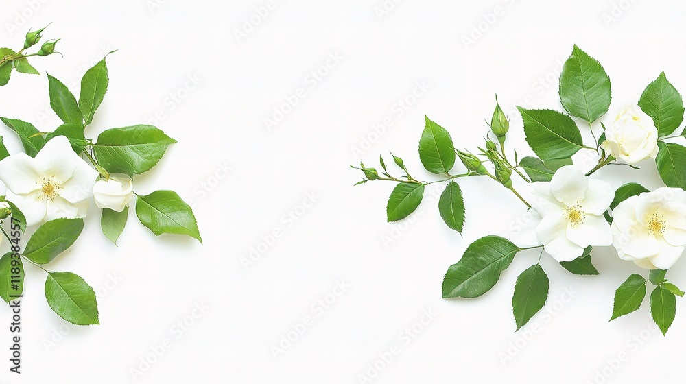 Fototapeta premium White Roses and Greenery Border: Elegant white roses and lush green foliage create a delicate and symmetrical border, perfect for adding a touch of natural beauty to any design.&nbsp;