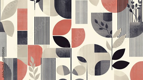 Geometric Botanical Print: Modern Abstract Art in Coral, Gray, and Black