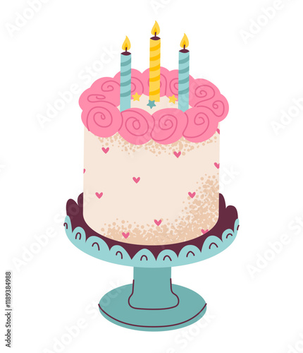 A festive vector illustration of a birthday cake with candles and colorful decorations. Birthday accessories.