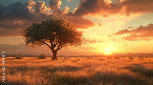 A lone tree stands in a golden field at sunset