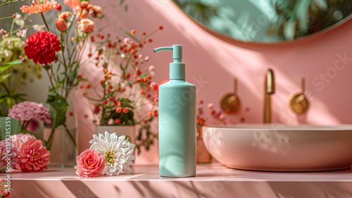 Elegant Bathroom with Flowers and Soap Dispenser
