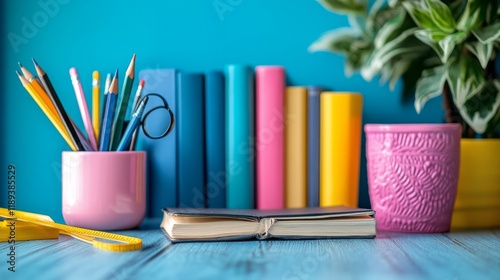 Workspace with books and a decorative plant pot holding pencils on a wooden t...