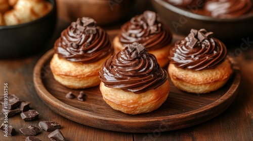 Delicious chocolate glazed donuts arranged on a decorative plate ready for a ...