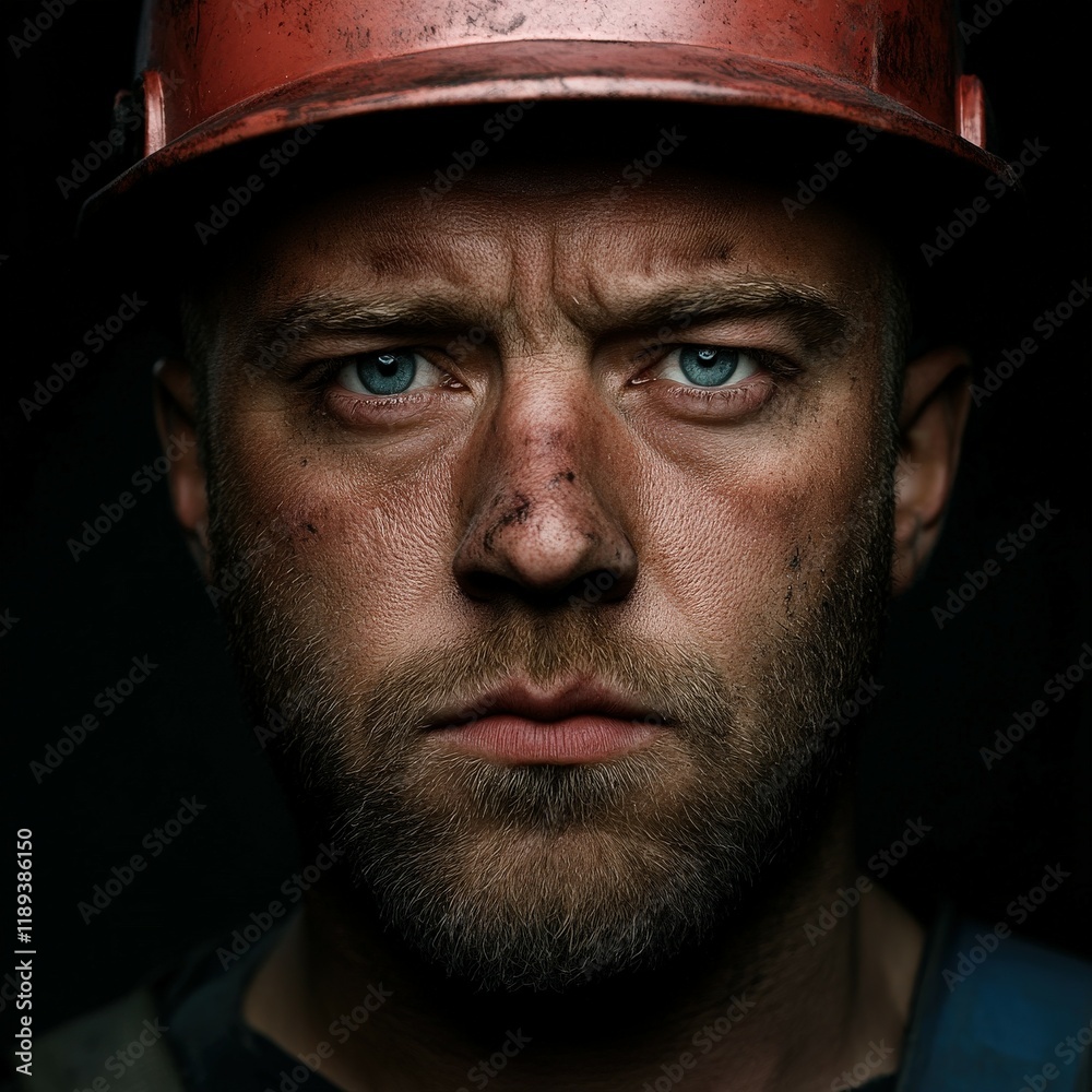 Miner with intense gaze wearing hard hat and showing signs of work in progress Miner with intense gaze wearing hard hat and showing signs of work in progress