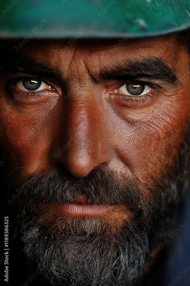 Miner with intense gaze and rugged features during underground work in the mine Miner with intense gaze and rugged features during underground work in the mine