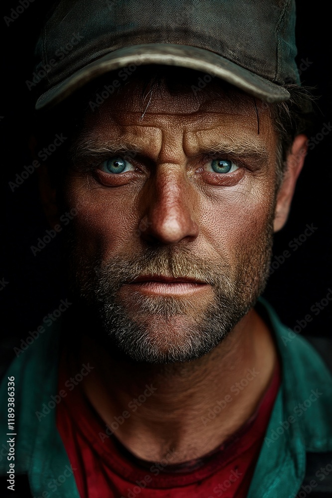 Miner in work attire expressing serious determination after a long shift Miner in work attire expressing serious determination after a long shift
