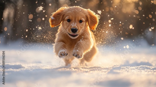 Golden retriever puppy joyfully running in the snow during winter sunset