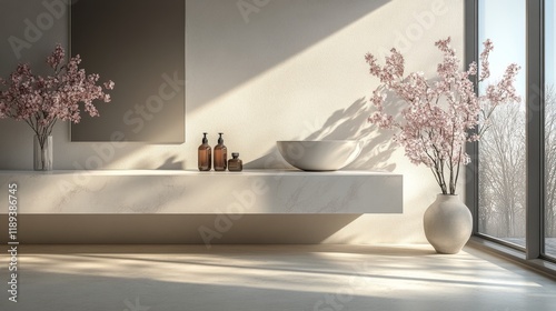 Elegant skincare display with natural products and calming decor in a serene ...