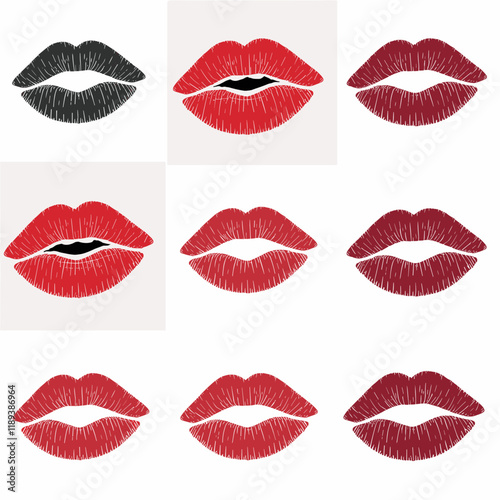 Set of Red Lipstick Kiss Prints Vector Illustration