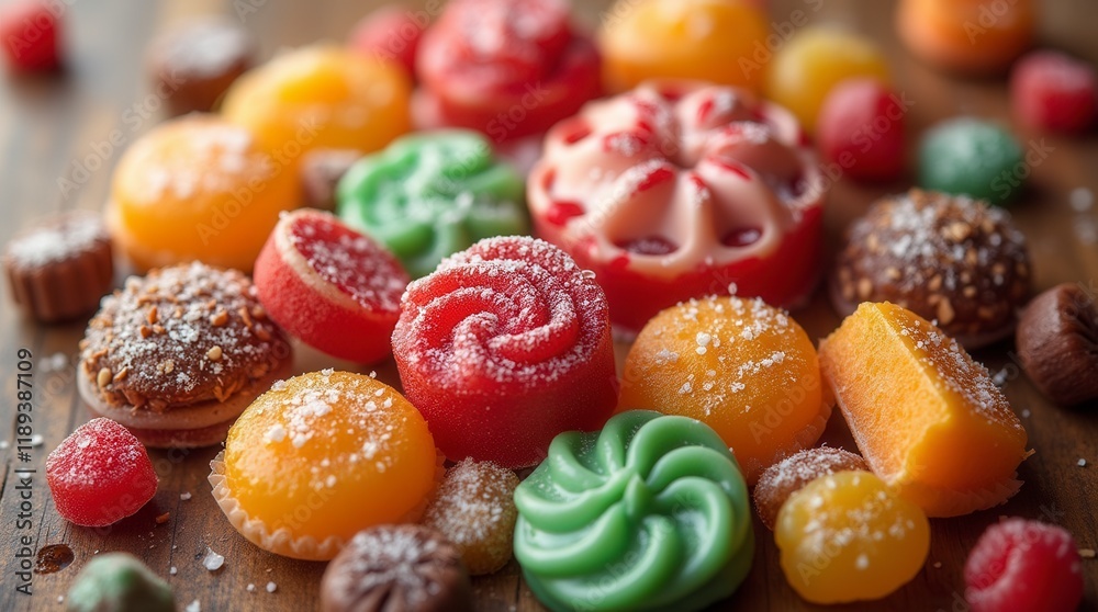 Fototapeta premium Colorful Assortment Of Festive Sweets And Candies Panoramic Overhead View