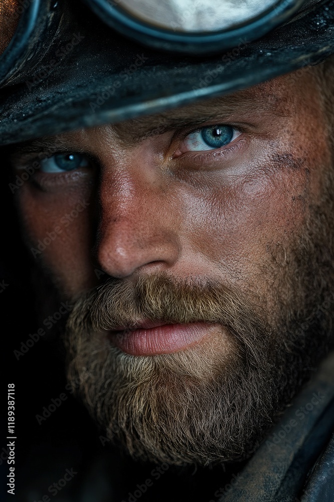 Miner with intense gaze showcases dedication and hard work in the mines Miner with intense gaze showcases dedication and hard work in the mines