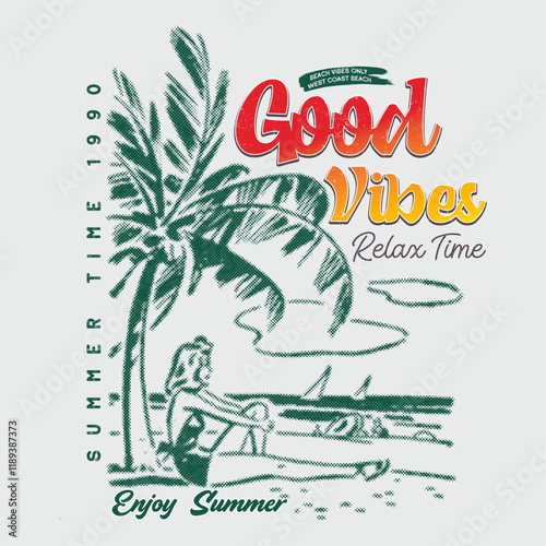 Beach good time retro, Girl sitting on the beach vintage t-shirt print design. Beach vibes t-shirt artwork. Palm tree, chare graphic print design. Enjoy summer time vector design. Beach mountain.