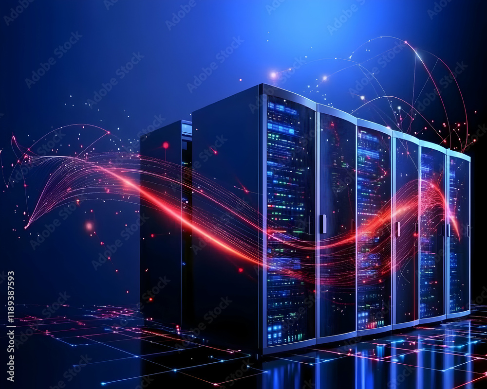 Obraz premium Data center servers, network connections, digital flow, technology infrastructure, for website or tech article