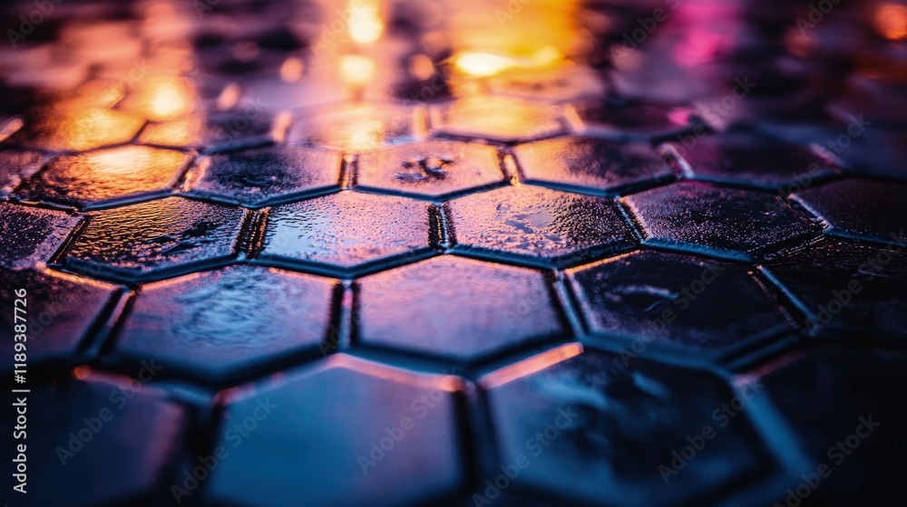 Obraz premium 3D neon-lit hexagonal patterns floating in a space of glowing light, with soft reflections.