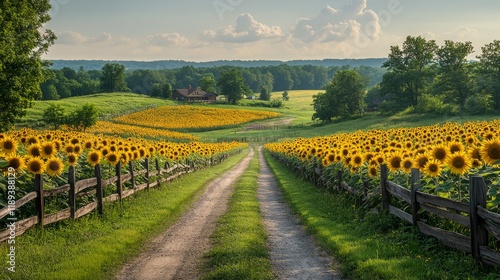 Sunflower-lined dirt path leading to a rustic cabin in a serene countryside l...