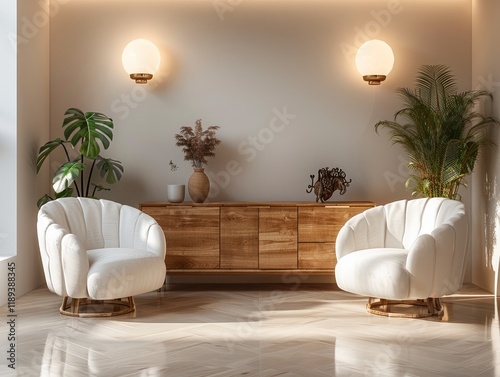 Interior of modern living room, credenza and two armchairs close-up, front view.