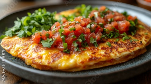 Delicious corn tortillas topped with fresh salsa and herbs served in a rustic...