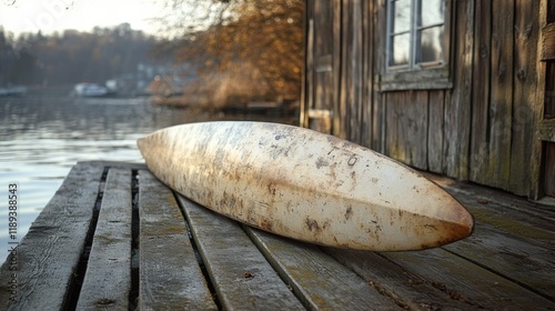 Kayak resting on wooden dock by calm waters in late afternoon light