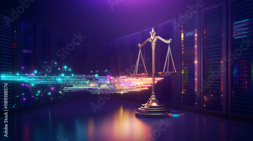 Data justice scales server room; digital data flows to scales of justice in a server farm; concept for legal tech, cybersecurity, data privacy, or AI ethics