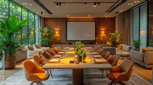 Modern conference room with large windows and plants for a productive meeting...