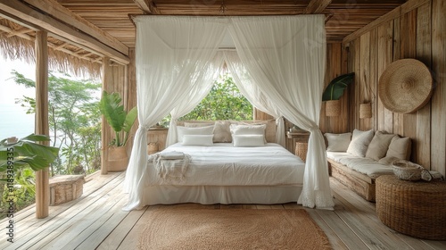 Serene wooden bedroom with natural light and lush greenery in a peaceful retr...