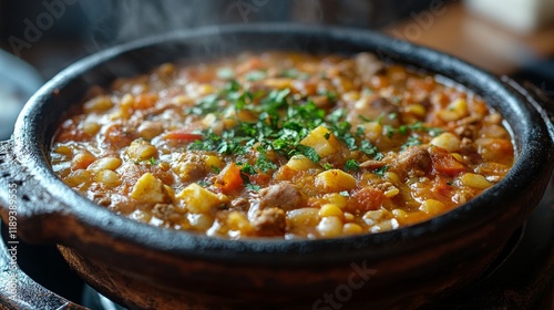 Savory vegetable stew in a traditional clay pot served on a rustic wooden table
