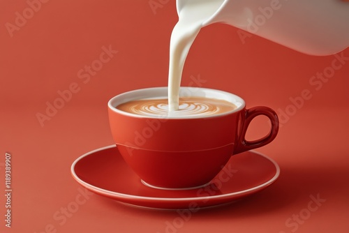 Cream swirls into a cup of coffee creating an artistic pattern in a cozy setting