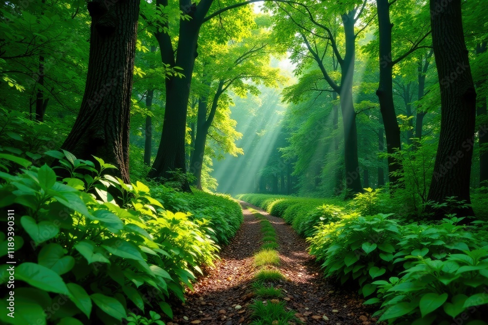 Obraz premium Dense foliage surrounds a well-trodden forest path, forest path, dense, green
