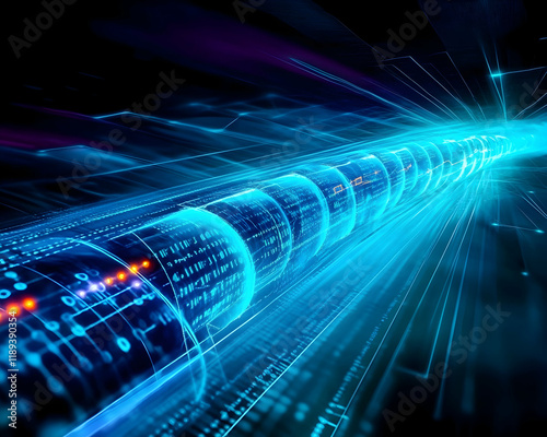 Data stream flowing through digital pipeline, futuristic technology background, ideal for tech websites and presentations