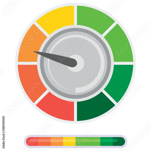 Credit score indicator showing range from low to high on a white background for financial assessment